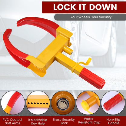 Anti Theft Security Car Wheel Lock Clamp Anti-Theft Towing Parking Boot Tire Claw Adjustable with Two Keys, RED & Yellow