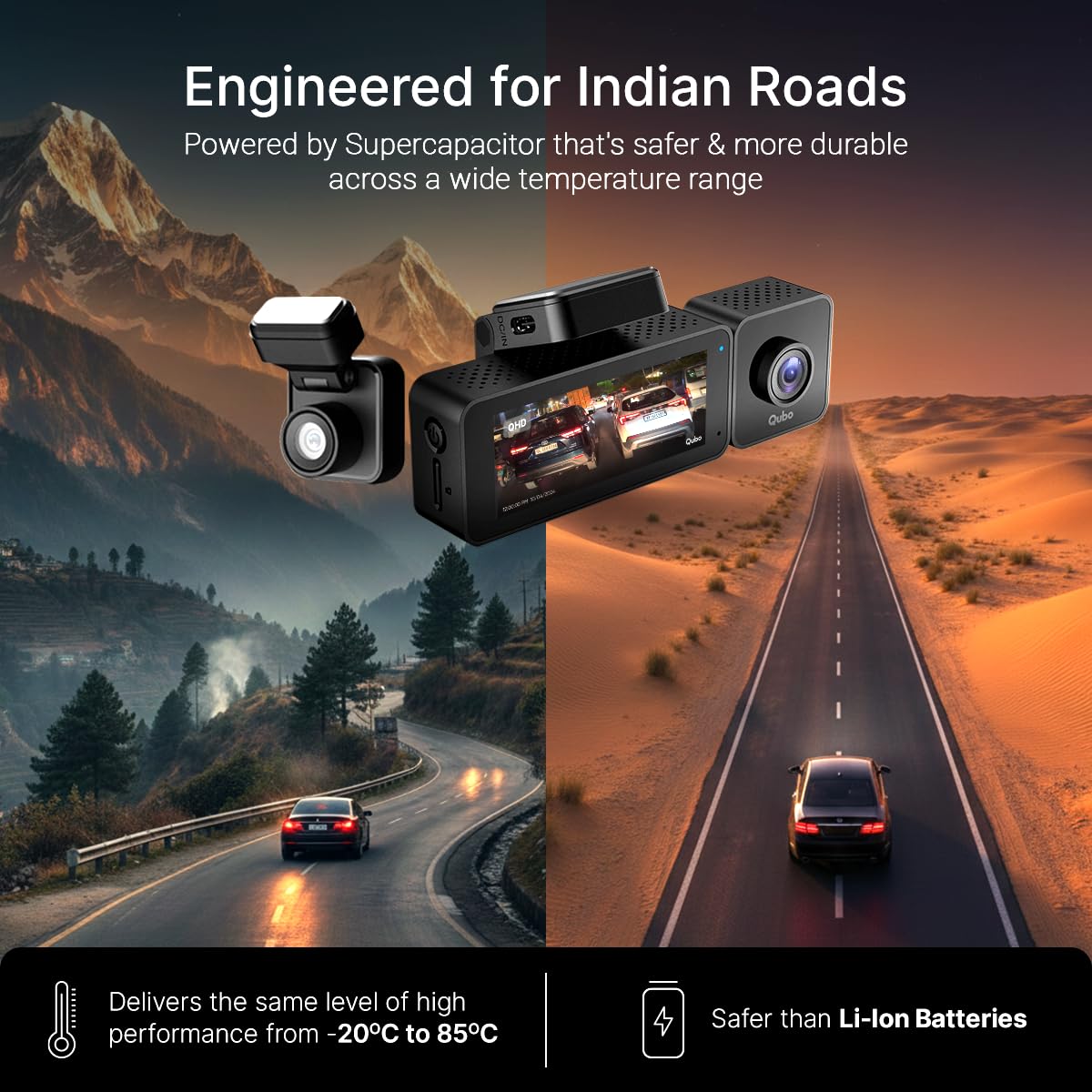 Qubo 3-Channel Dashcam Trio by Hero Group (Front + Rear + Cabin Camera) | 2K QHD | Wi-Fi + GPS