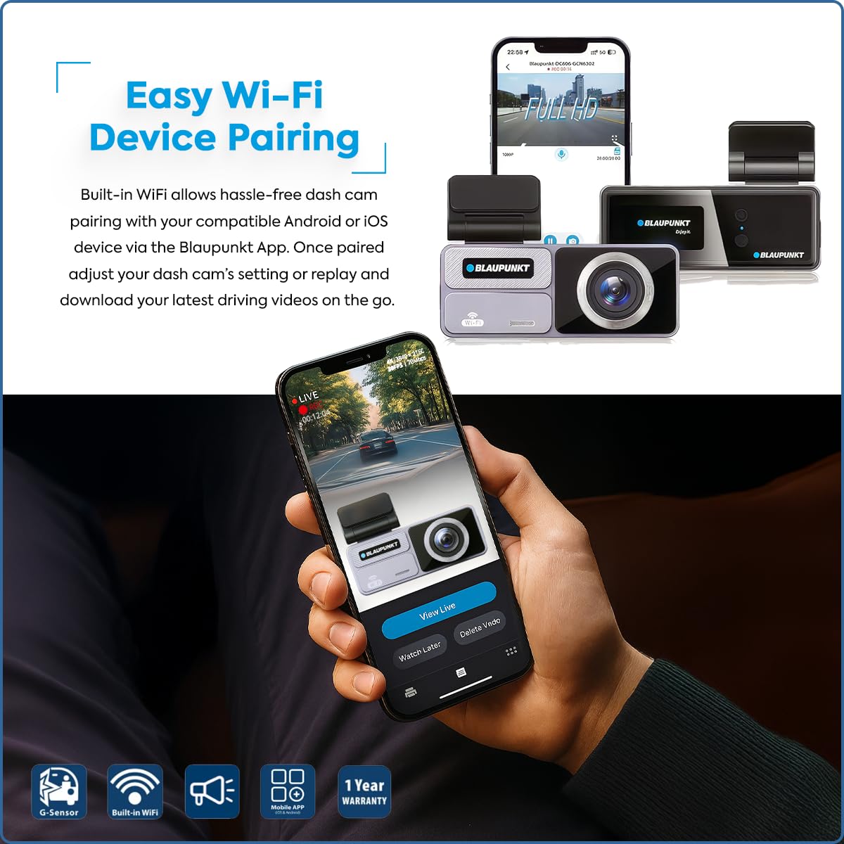 Blaupunkt DC 606 WiFi Dashcam for Car – Full HD 1080p, Wide-Angle, G-Sensor, Loop Recording, Parking Monitor, App Support – SD Card Not Included