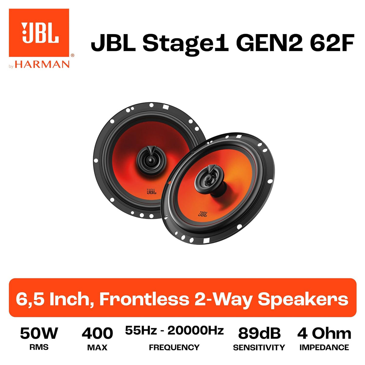 JBL Stage1 GEN2 62F 6.5-Inch Coaxial Car Speakers – 50W RMS, 400W Max (Pair)