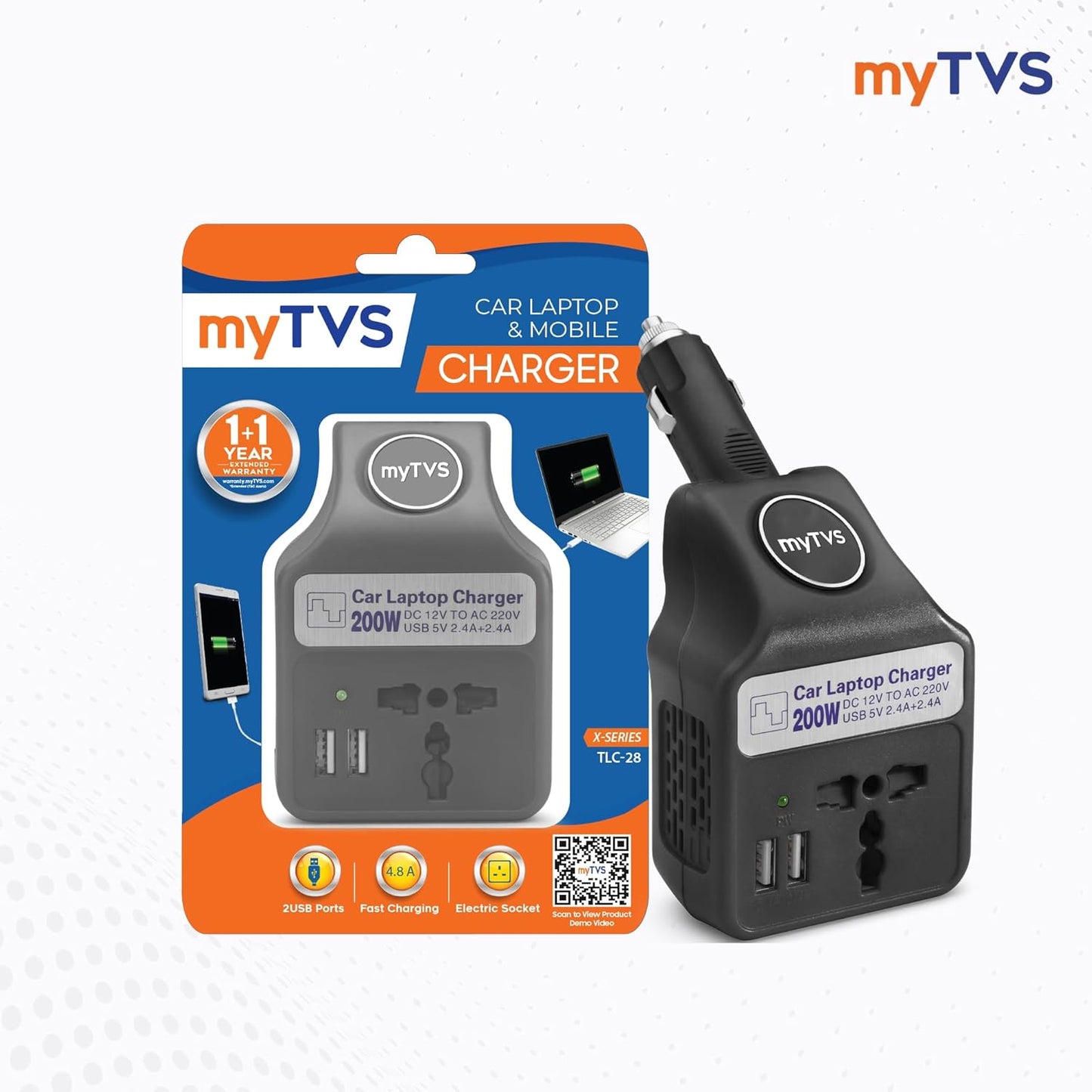 myTVS 200W Car Laptop and Mobile Charger | Power Inverter DC to AC Converter| Portable Car Charger with 2 Years Warranty| 3 in 1 Charger | Fast Charging