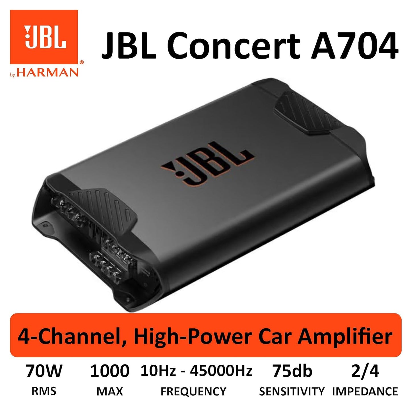 JBL Concert A704 – 1000W 4-Channel Compact Amplifier | Adjustable HPF/LPF | Auto Turn-On | Compatible with Speakers, Tube Subwoofers & Subwoofers