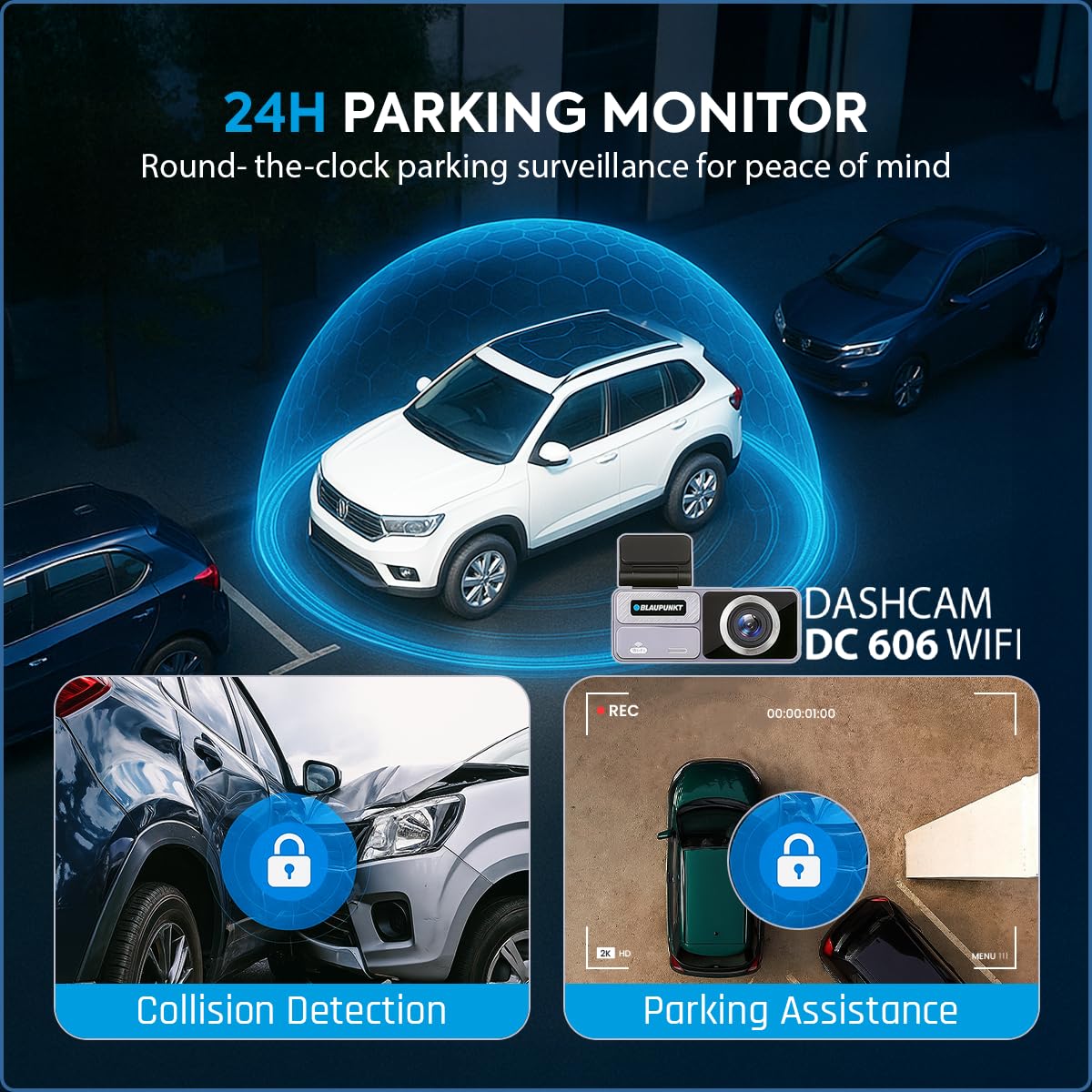 Blaupunkt DC 606 WiFi Dashcam for Car – Full HD 1080p, Wide-Angle, G-Sensor, Loop Recording, Parking Monitor, App Support – SD Card Not Included