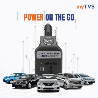 myTVS 200W Car Laptop and Mobile Charger | Power Inverter DC to AC Converter| Portable Car Charger with 2 Years Warranty| 3 in 1 Charger | Fast Charging