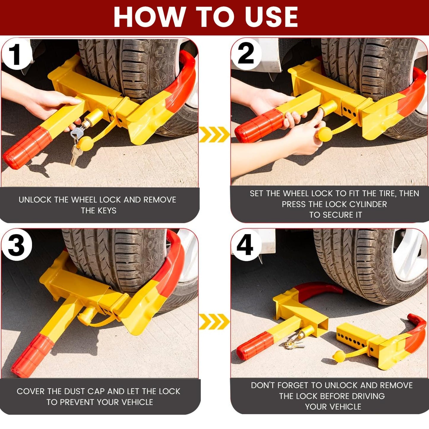 Anti Theft Security Car Wheel Lock Clamp Anti-Theft Towing Parking Boot Tire Claw Adjustable with Two Keys, RED & Yellow