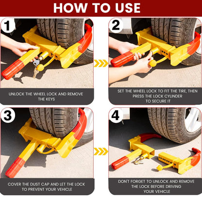 Anti Theft Security Car Wheel Lock Clamp Anti-Theft Towing Parking Boot Tire Claw Adjustable with Two Keys, RED & Yellow