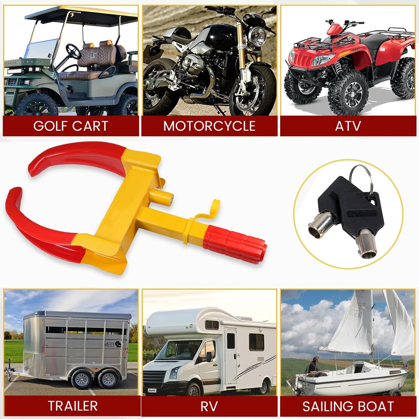 Anti Theft Security Car Wheel Lock Clamp Anti-Theft Towing Parking Boot Tire Claw Adjustable with Two Keys, RED & Yellow