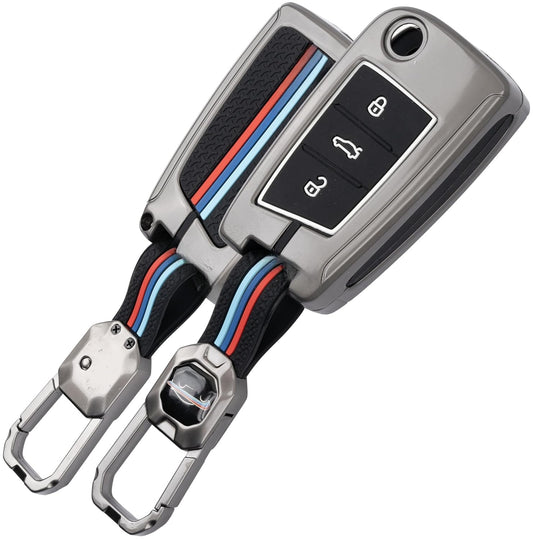 Metal Key Cover Compatible for Skoda & Volkswagen Cars Kylaq | Slavia | Kushaq | Octavia | Virtus | Taigun | Tiguan | T Roc 3 Button Flip Key