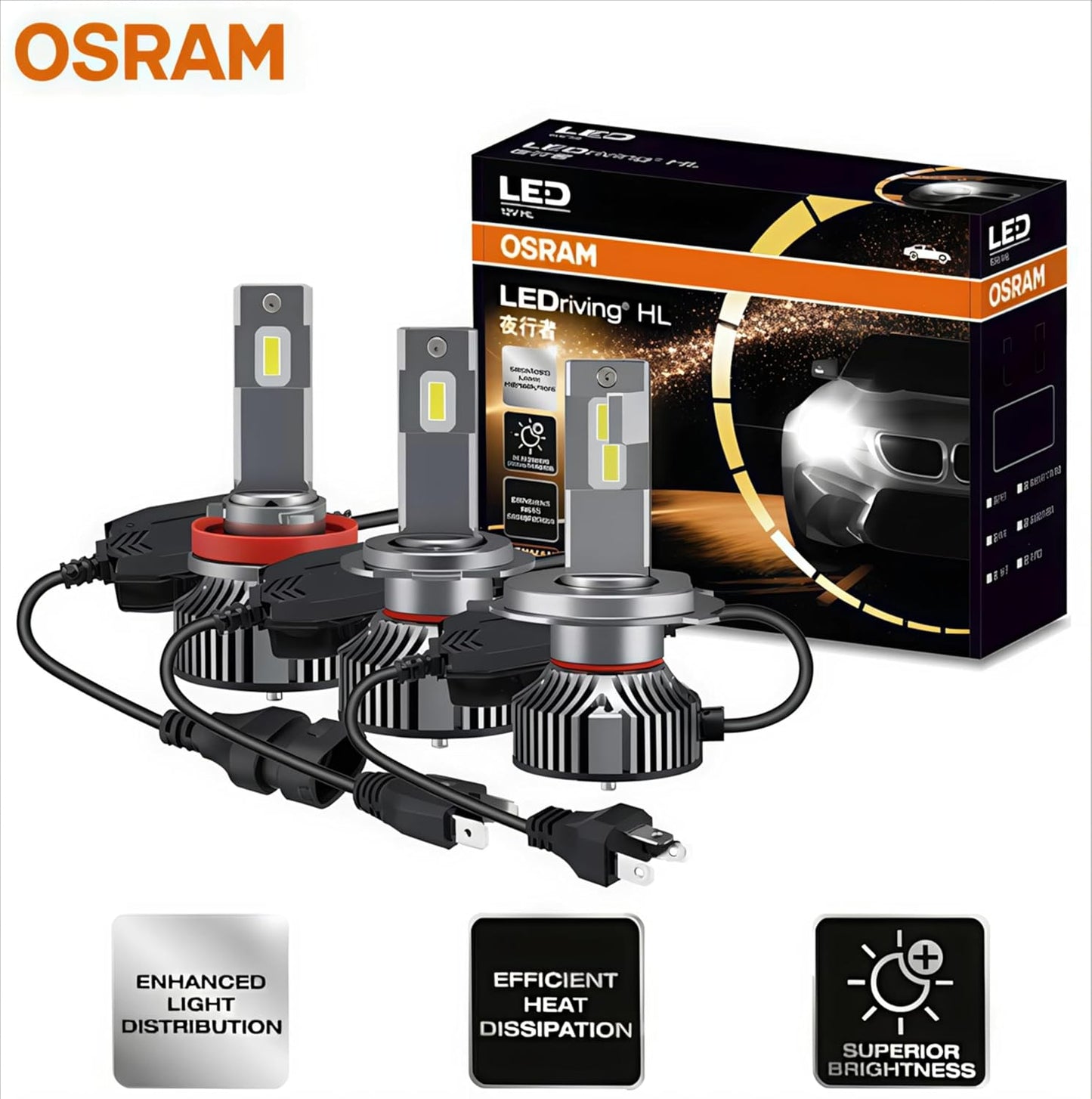 OSRAM LED Headlight for Car | H4 / H19 | 12V 80W | Cool White 6000K | High-Brightness LED Bulbs