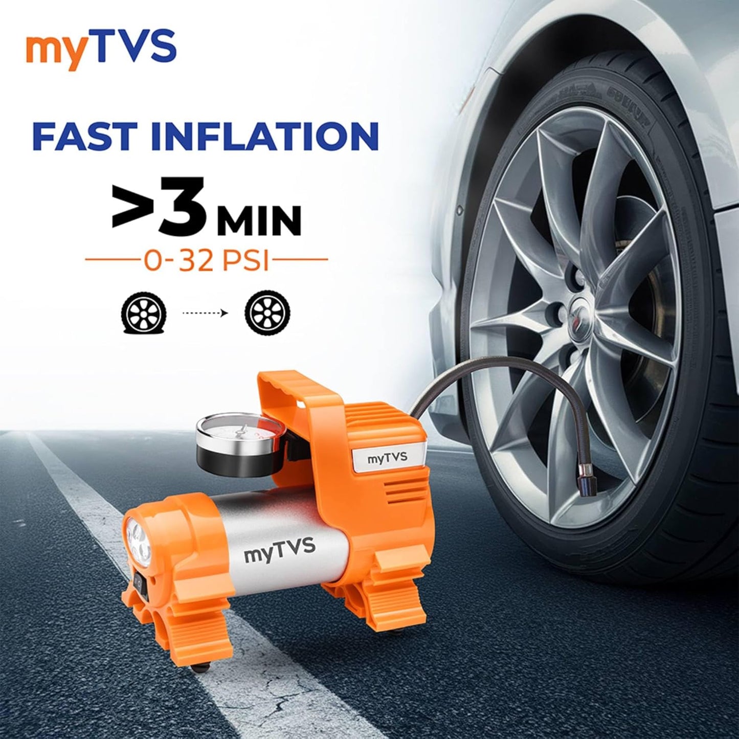 myTVS Car Tyre Inflator | 100 Psi, 12V DC | Air Pump for Car tyre | Portable Tyre Inflator for Cars with LED Torch