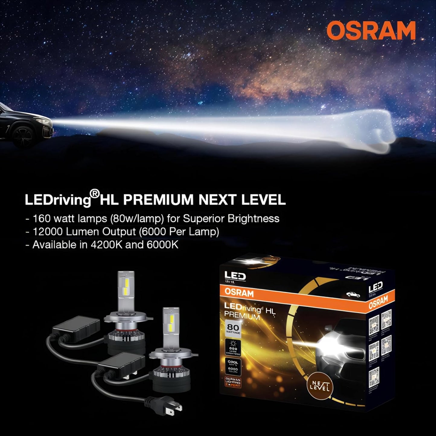 OSRAM LED Headlight for Car | H4 / H19 | 12V 80W | Cool White 6000K | High-Brightness LED Bulbs