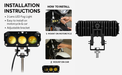 Universal High-Intensity 3-Lens LED Fog Lamp – Auxiliary Projector Off-Roading Car/Bike Light (12V, Universal Fit)
