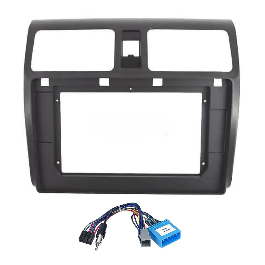 9-inch Android head unit fascia frame for 1st Gen Maruti Swift 2005-2010 models featuring a scratch-resistant finish and included power cable connector.