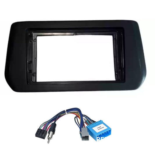 9-inch Android head unit fascia frame for 2024-2025 Maruti Swift and Dzire models featuring a scratch-resistant finish and OEM-style power cable connector.