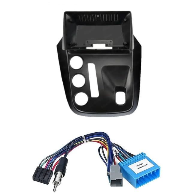9-inch Android head unit fascia frame for Mahindra KUV100 featuring a durable scratch-resistant finish and matching power cable connector.