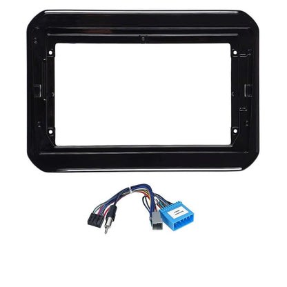 9-inch Android head unit fascia frame for Maruti Ignis featuring a premium scratch-resistant finish and matching power cable connector.