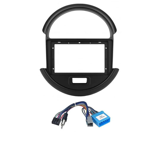 9-inch Android head unit fascia frame for Maruti S-Presso featuring a circular-style scratch-resistant finish and matching power cable connector.