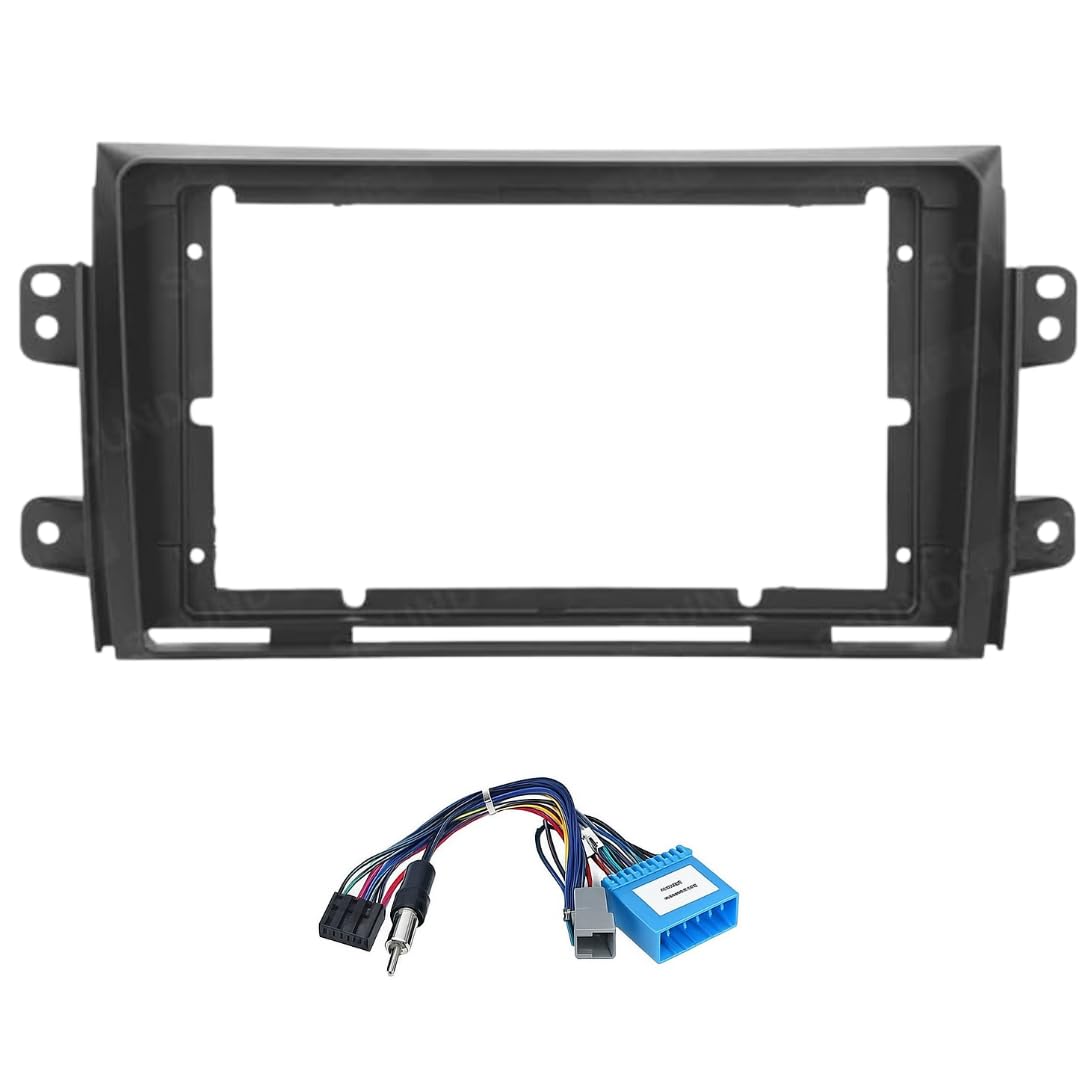 9-inch Android head unit fascia frame for Maruti SX4 featuring a scratch-resistant finish and included power cable connector.