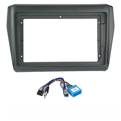 9-inch Android head unit fascia frame for Maruti Swift 2018-2023 models featuring a scratch-resistant finish and matching power cable connector.