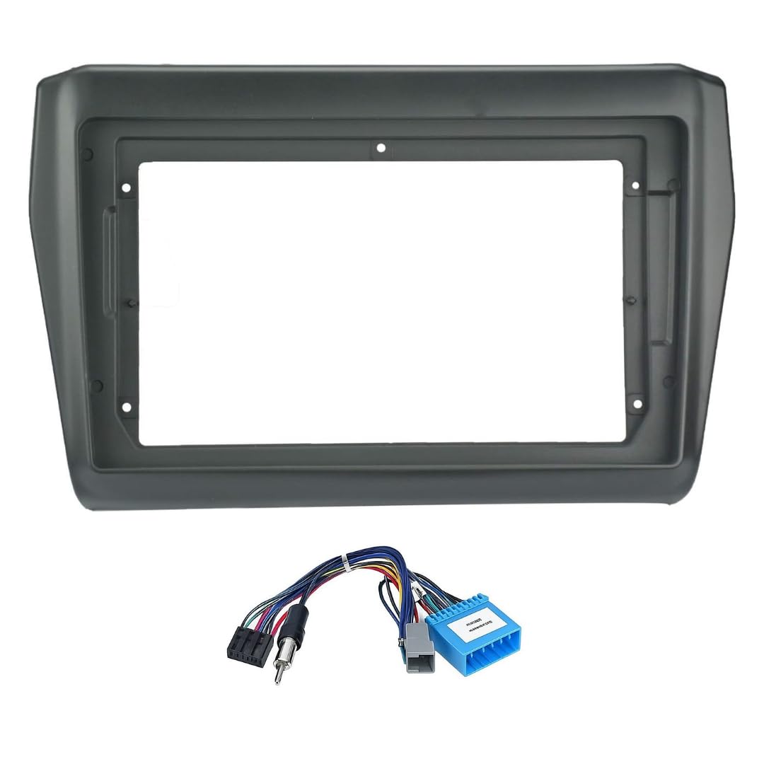 9-inch Android head unit fascia frame for Maruti Swift and Dzire 2018-2023 models featuring a scratch-resistant finish and included power cable connector.