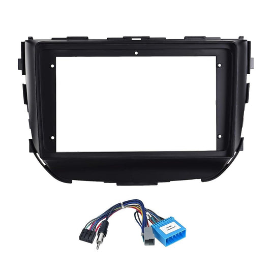 9-inch Android head unit fascia frame for Maruti Vitara Brezza 2016-2021 models featuring a scratch-resistant finish and matching power cable connector.