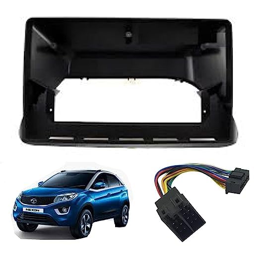 9-inch Android head unit fascia frame for Tata Nexon 2017-2020 models featuring a scratch-resistant finish and dedicated power cable connector.