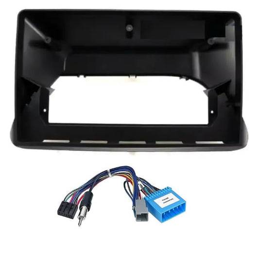 9-inch Android head unit fascia frame for Tata Nexon featuring a scratch-resistant finish and matching plug-and-play power cable connector.