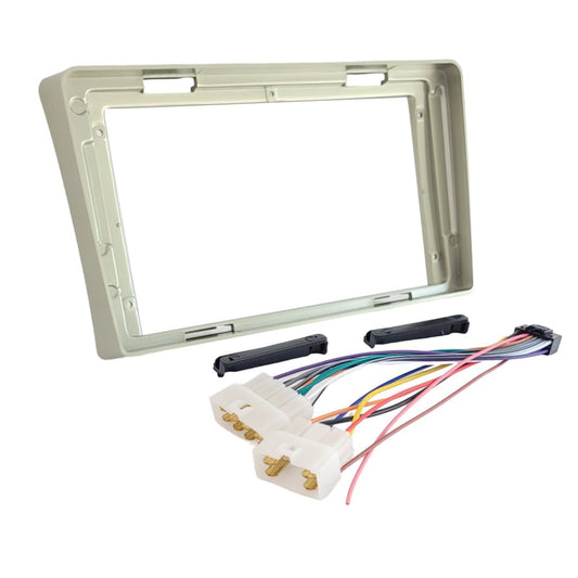 9-inch Android head unit fascia frame for Tata Vista featuring a durable scratch-resistant finish and matching power cable connector kit.