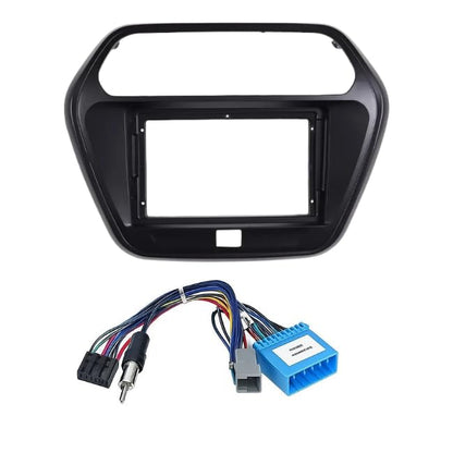 9-inch Android infotainment fascia frame for Mahindra Bolero Neo with scratch-resistant ABS plastic and dedicated power cable connector.