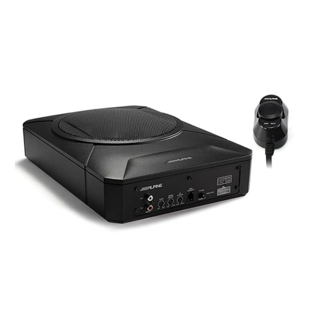 Alpine PWE-S800 8 inch compact underseat subwoofer delivering 120W RMS and 240W peak power with deep bass and space saving design
