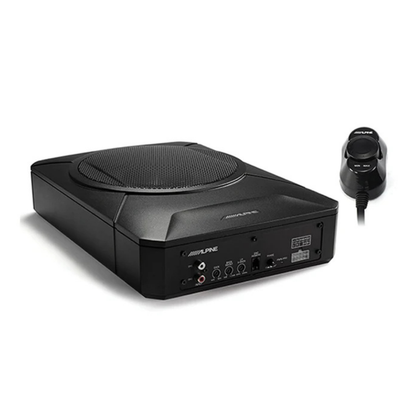 Alpine PWE-S800 8 inch compact underseat subwoofer delivering 120W RMS and 240W peak power with deep bass and space saving design