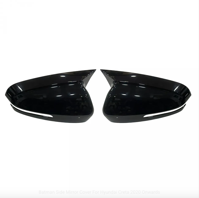 Batman style gloss black mirror covers set of 2 installed on Hyundai Creta 2020-2024 enhancing sporty appearance and protecting side mirrors