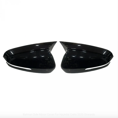 Batman style gloss black mirror covers set of 2 installed on Hyundai Creta 2020-2024 enhancing sporty appearance and protecting side mirrors