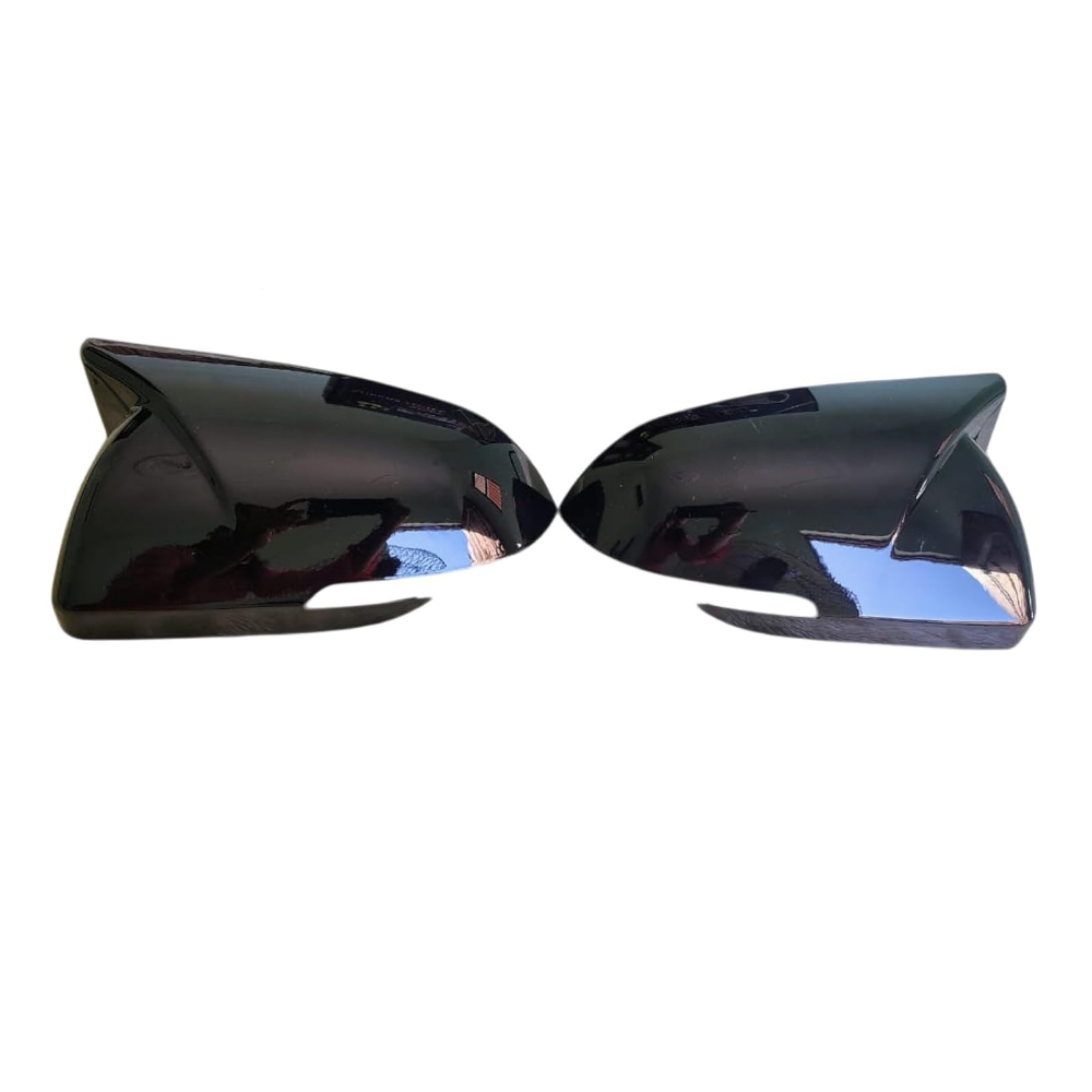 Batman style gloss black mirror covers set of 2 installed on Kia Seltos 2019-2023 adding sporty look and protecting side mirror housing