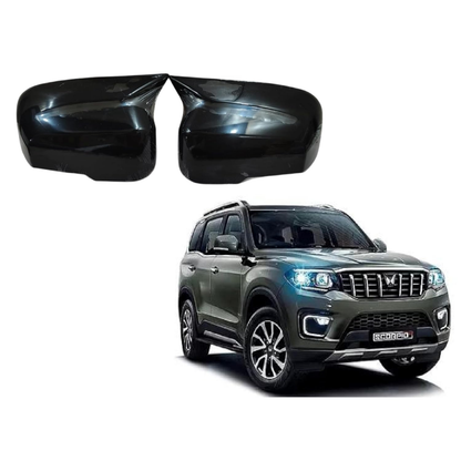 Batman style gloss black mirror covers set of 2 installed on Mahindra Scorpio-N enhancing sporty appearance and protecting side mirrors