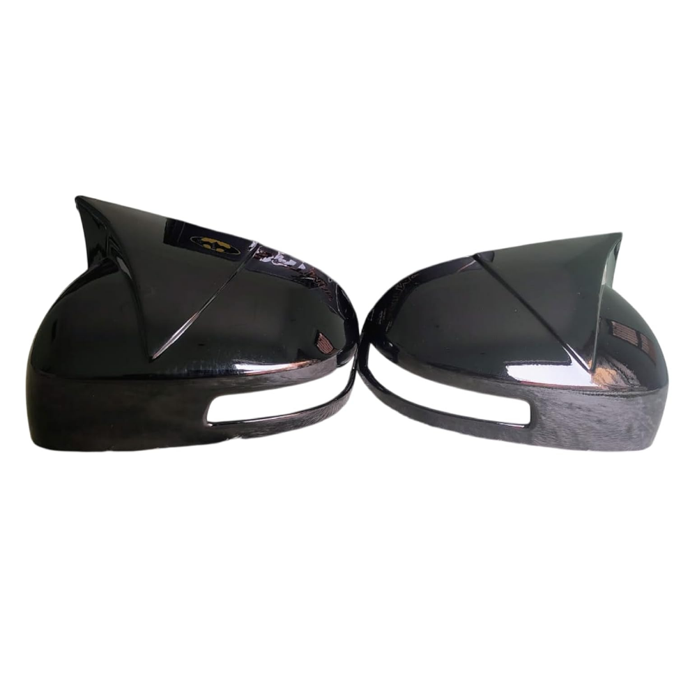 Batman style gloss black mirror covers set of 2 installed on Maruti Suzuki Swift 2012-2017 enhancing sporty appearance and protecting side mirrors