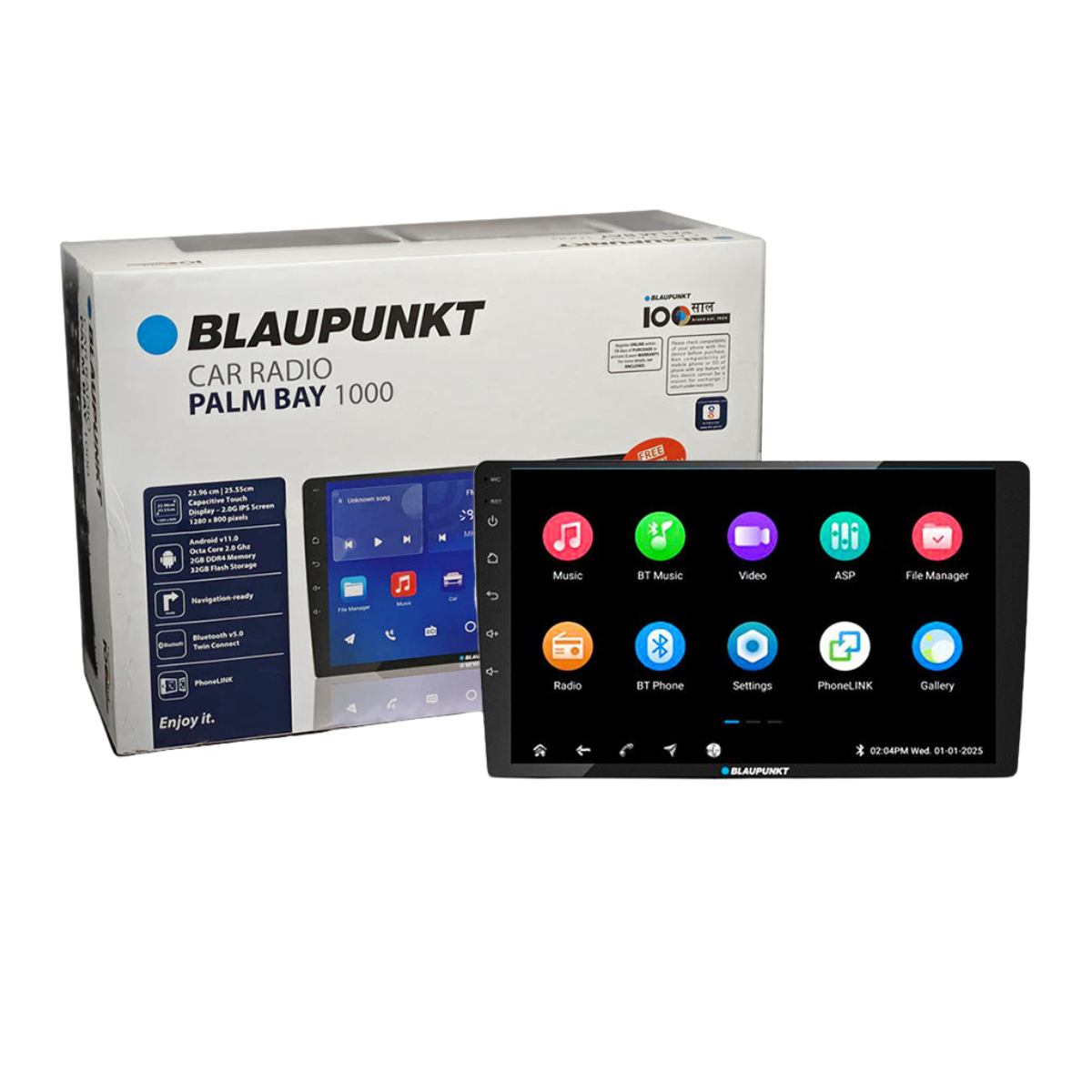 Blaupunkt Palm Bay 1000 9-inch Android car stereo with wireless CarPlay, Android Auto, and BCDH3.1 rear-view camera.