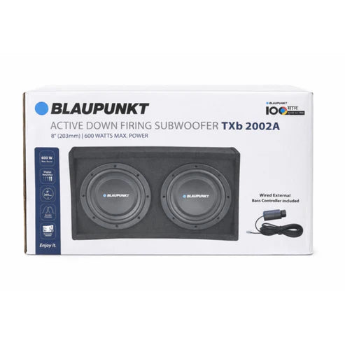 Blaupunkt TXb 2002A active down firing subwoofer with dual 8 inch drivers delivering 1000W power and deep bass for enhanced car audio experience