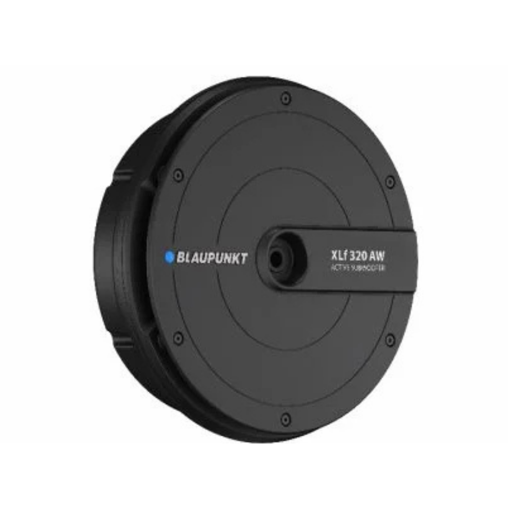 Blaupunkt XLF-320AW active spare wheel subwoofer delivering 320W RMS deep bass with space saving design for premium car audio upgrade