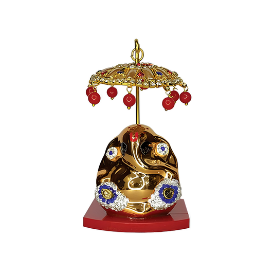 Buy Ganesha Idol in Golden Color with Umbrella for Car Dashboard. Premium spiritual décor for cars, homes, and offices. Ideal for blessings, prosperity, and gifting