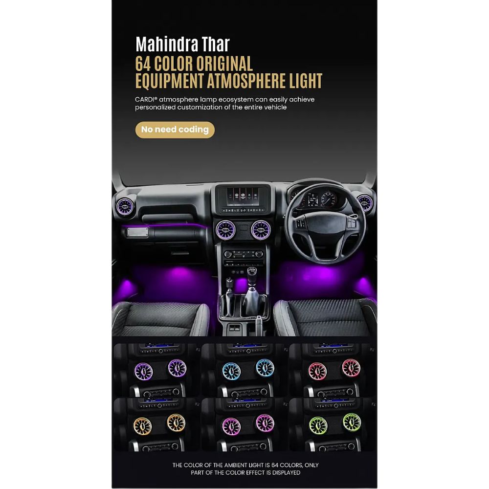  CARDI K3 AC Vent Turbine with LED Ambient Light and Foot Light for Mahindra Thar, Thar Roxx and Thar OG | RGB App Control | ABS | Set of 4 Vents and 4 Foot Lights | 1 Year Warranty
