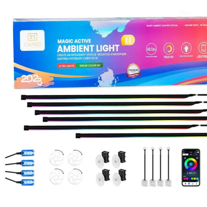 CARDI K4 interior ambient lighting kit installed in car cabin with multicolor LED strips, app and remote controlled premium ambient lighting setup