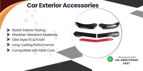 Car exterior accessories including door visors side beadings and mirror covers displayed together