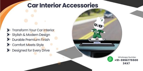 Car interior with ambient lighting seat covers and decorated dashboard accessories