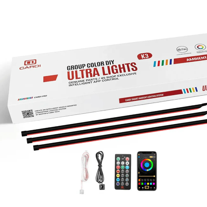 Cardi K3 Ultra Car Interior Ambient Lighting Kit with 6 Premium LED Light Pieces for Custom Cabin Styling.