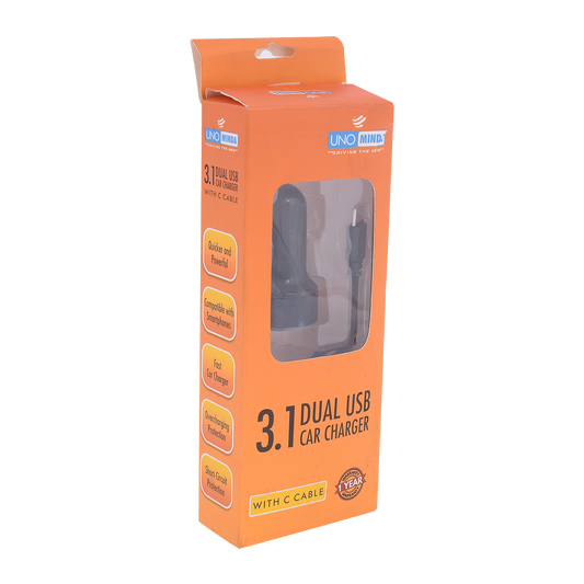 UNO Minda 12V-C USB Car Charger | 12V Input | Type-C Cable | Built-in Voltage Meter | 3.1A Total Output | Universal for All Cars