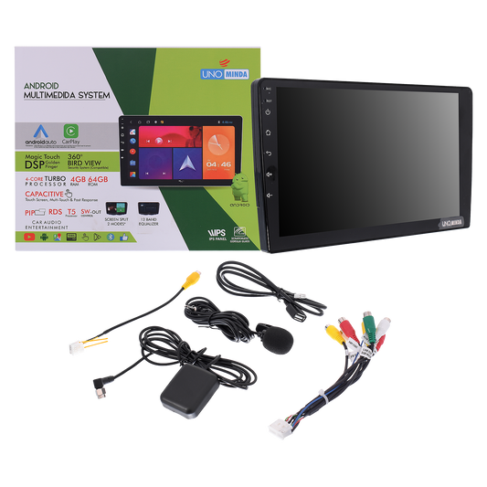 UNO Minda Android Multimedia System | 9-Inch IPS Display | 4GB RAM + 64GB ROM | DSP | CarPlay & Android Auto | 360° Bird View