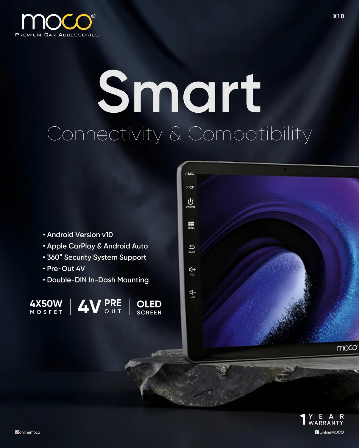 MOCO X10 Android Stereo | 4GB RAM + 64GB Storage | Wireless Apple CarPlay & Android Auto | DSP | 360° Camera Support