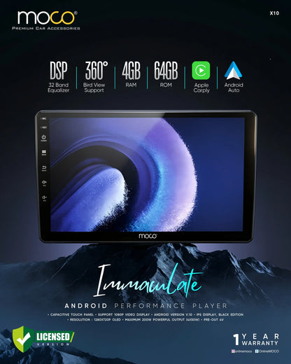 MOCO X10 Android Stereo | 4GB RAM + 64GB Storage | Wireless Apple CarPlay & Android Auto | DSP | 360° Camera Support