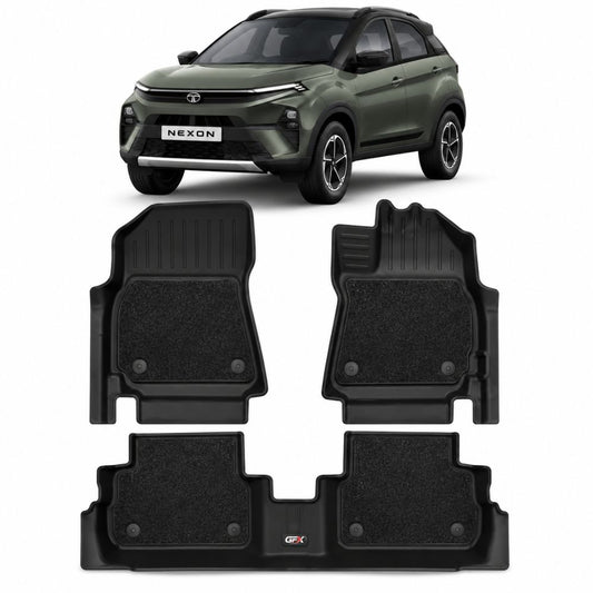 GFX Life Long PRO Custom Fit Floor Mat for Tata Nexon 2nd Gen 2023 Onwards and Nexon EV 2nd Gen 2023 Onwards | Automatic | Set of 3 | Black | Made in India